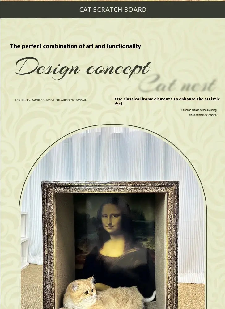 Elegantes Katzenkissen-Kratzbrett mit goldenem Rahmen, gestaltet als klassischer Kunstrahmen, mit dem Gemälde „Mona Lisa“ als zentrales Motiv.