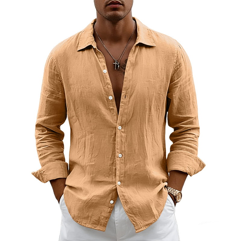 A tan men’s slim fit linen blend long sleeve casual shirt with a slightly textured fabric and rolled cuffs.