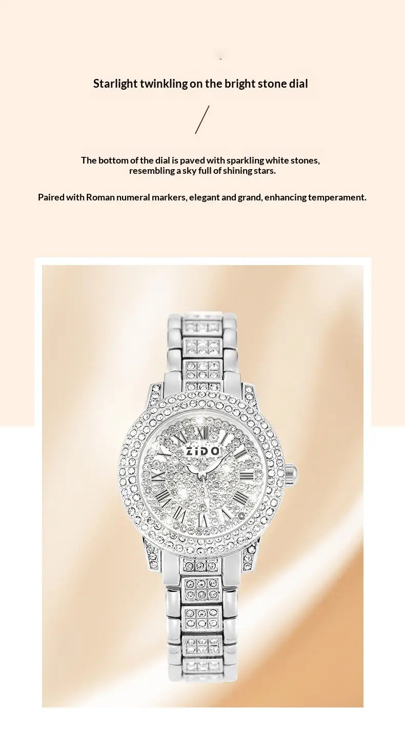 A rose gold zido diamond encrusted women’s quartz watch with a sparkling silver case featuring a dazzling dial adorned with white stones and roman numeral markers.