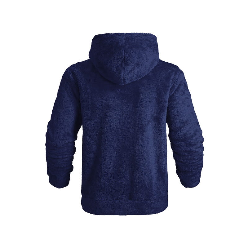 navy blue plush fleece lined loose zip up hooded jacket for men shown from the back side