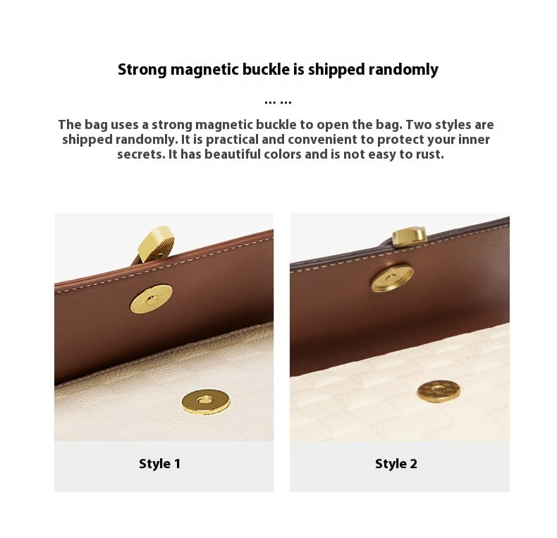 Braune zweifarbige Webleder-Crossbody-Handtasche mit goldfarbenen Beschlägen und goldtönigem Magnetverschluss.