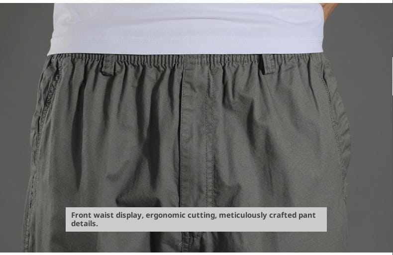 men’s japanese style cotton straight leg workwear pants in dark gray with an elastic waistband and visible stitching details