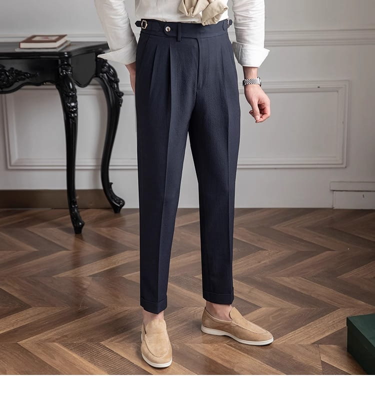 dark navy slim fit pleated summer linen suit trousers with tailored fit and belt loops
