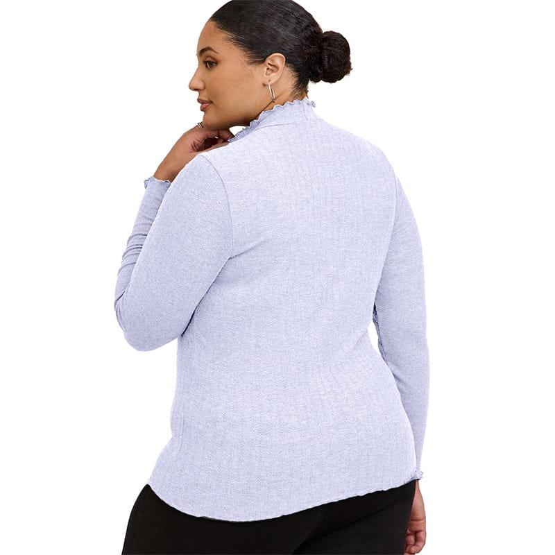 Light gray ribbed knit slim fit long-sleeve top with a ruffled collar and mock neck for women.