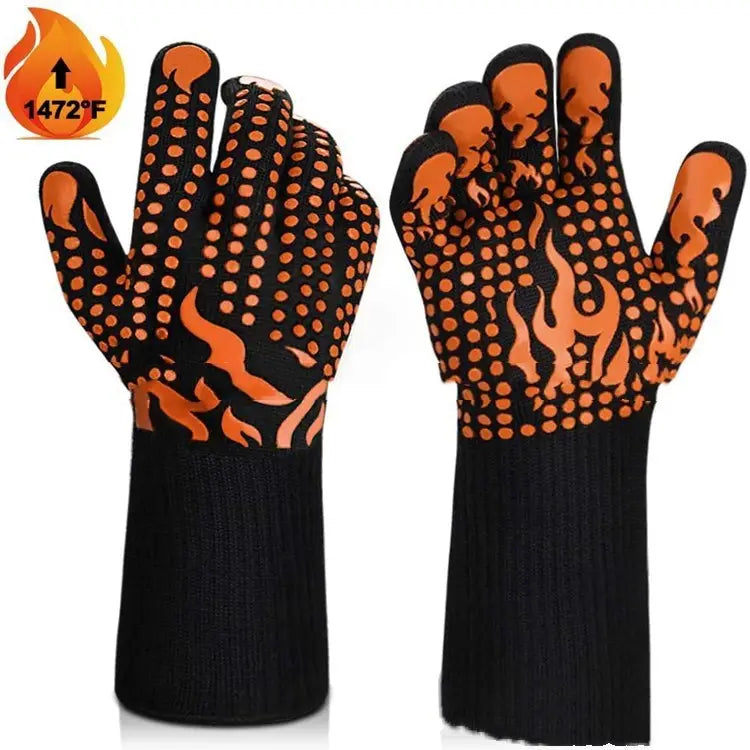 Orange and black flame-patterned silicone-coated oven mitts with heat-resistant and flame retardant design for bbq use.
