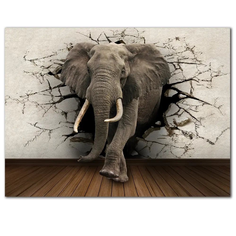 Ein realistischer grauer Elefant mit ausgeprägten weißen Stoßzähnen, der durch eine gerissene, strukturierte Wand in einem 3D-Stil-Leinwand-Wandkunst-Print für dekorativen Heimgebrauch hindurchstößt.