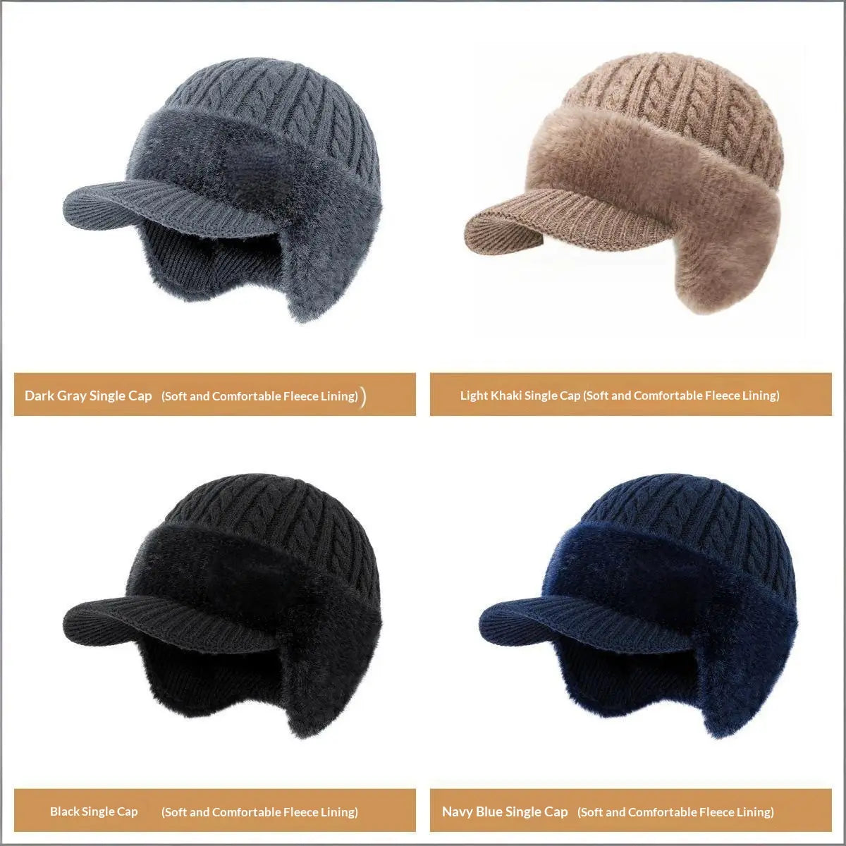 dunkelgraue gestrickte Winterkappe mit einem strukturierten Zopfmuster und weichem Fleece-Futter, ausgelegt als fleecegefütterte gestrickte Mütze mit Ohrklappen.