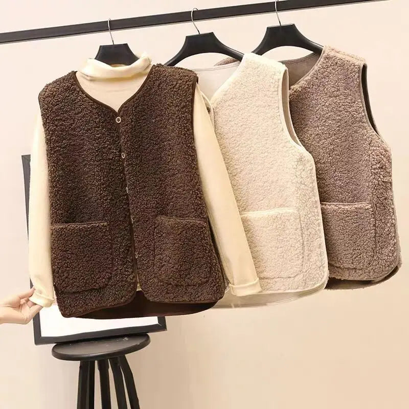 Three plush fleece vests for women in brown cream and taupe with cozy winter outerwear design hang neatly on black hangers.
