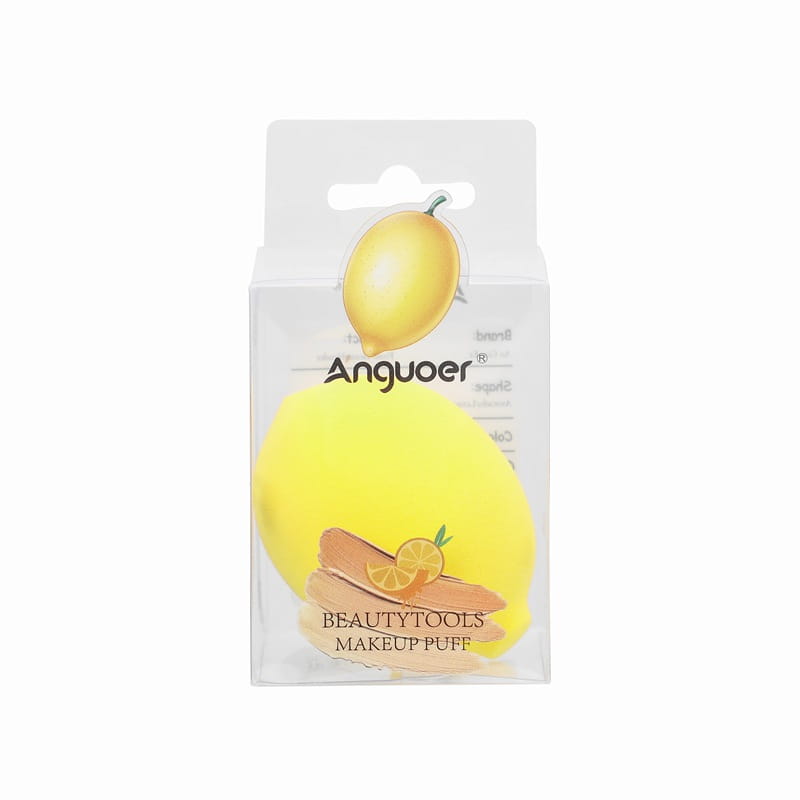 Bright yellow lemon-shaped hydrophilic makeup sponge in clear packaging with Anguoer branding for beauty blender kit.
