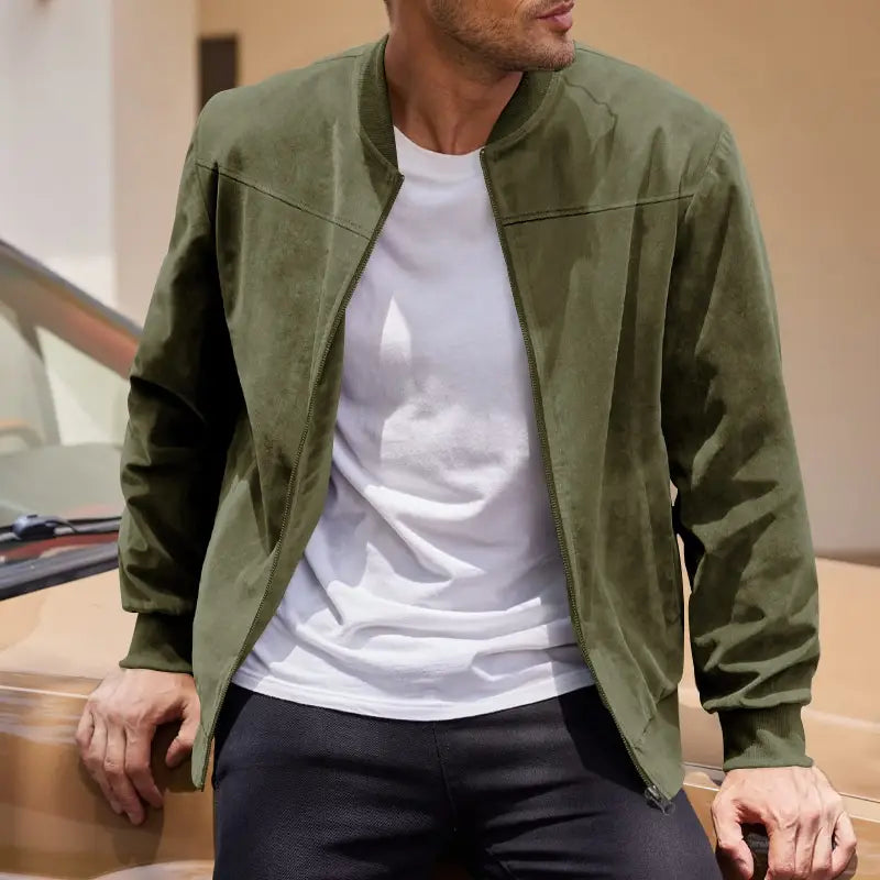Olive green suede bomber jacket for men featuring a casual retro style and soft suede material.