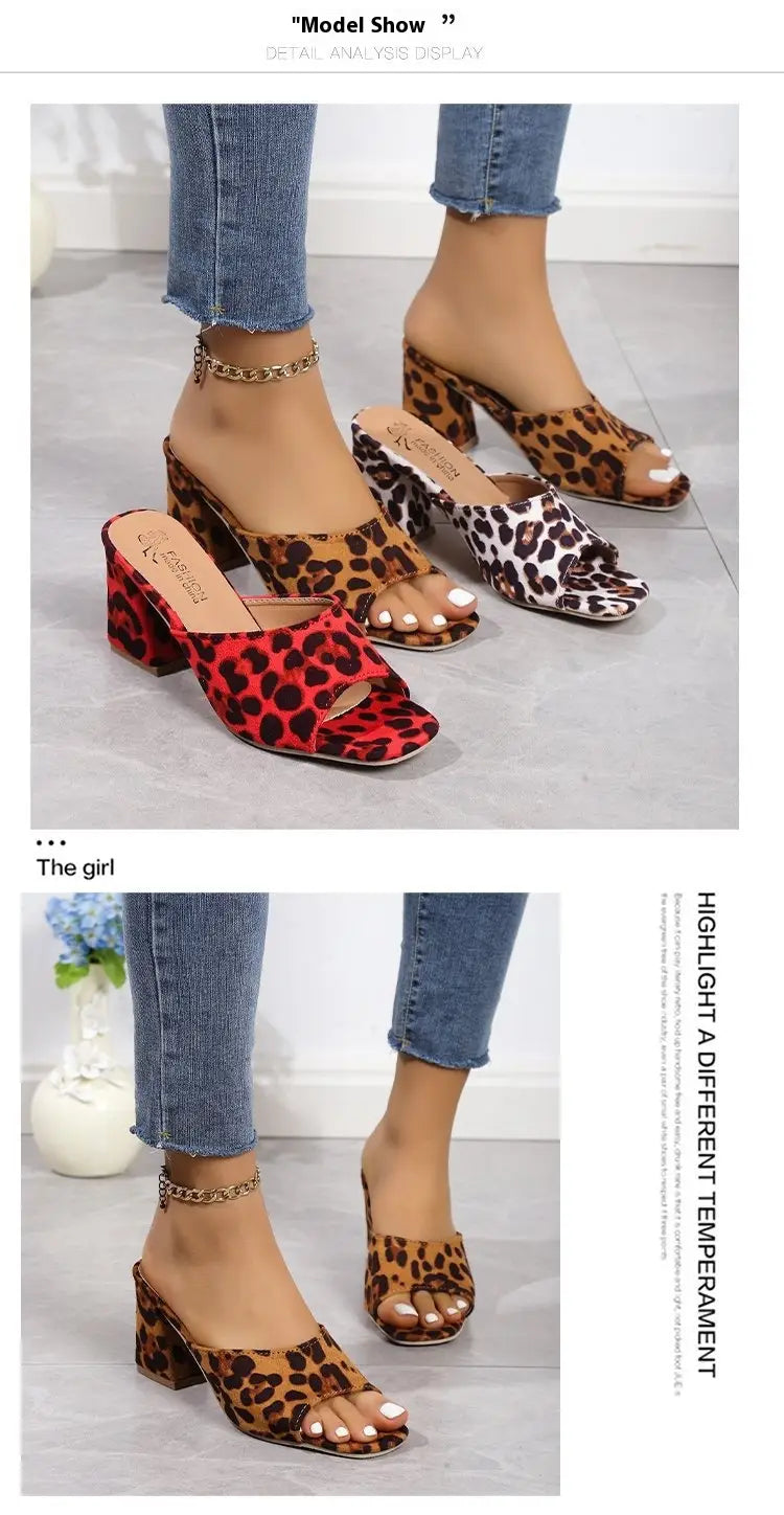 leopard square toe chunky heel mule sandals in red white and tan with leopard print and block heels