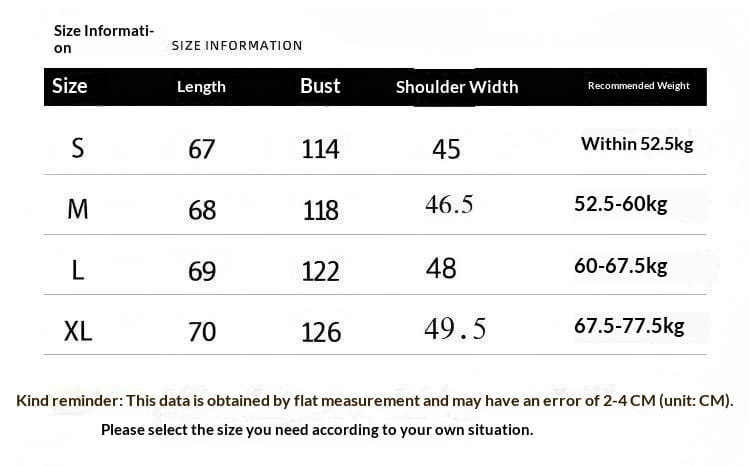 Size information chart for a women’s hooded quilted cotton puffer jacket in various sizes from small to extra large with measurements in centimeters and recommended weight ranges.