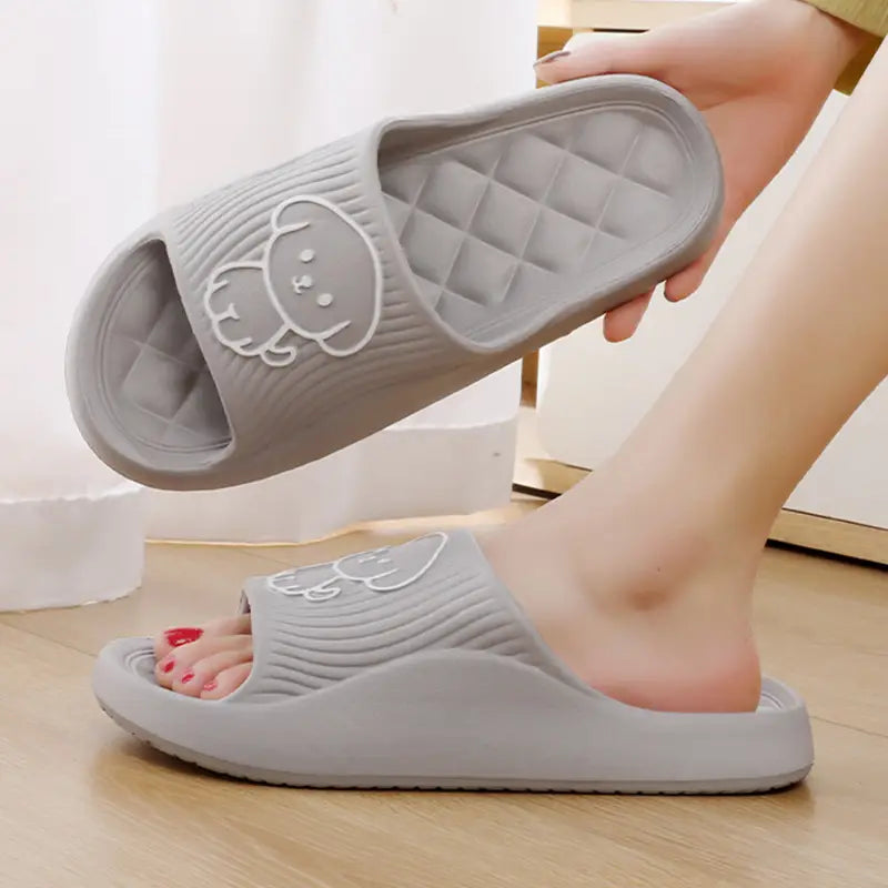 gray rubber dog cartoon slide sandals with white embroidered bear design on the footbed non slip eva house shoes