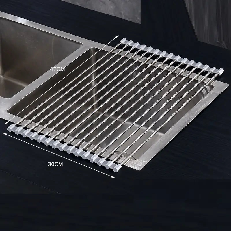 Stainless steel roll up dish drying rack for sink featuring a sleek modern design with rounded edges and durable steel material.