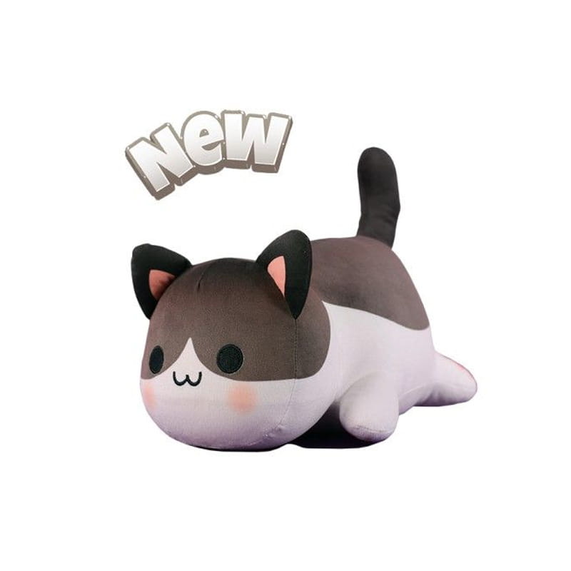 A gray and white plush cat stuffed animal toy with black ears and tail, pink inner ear tips, rosy cheeks, and embroidered facial features measuring 25cm for kids.