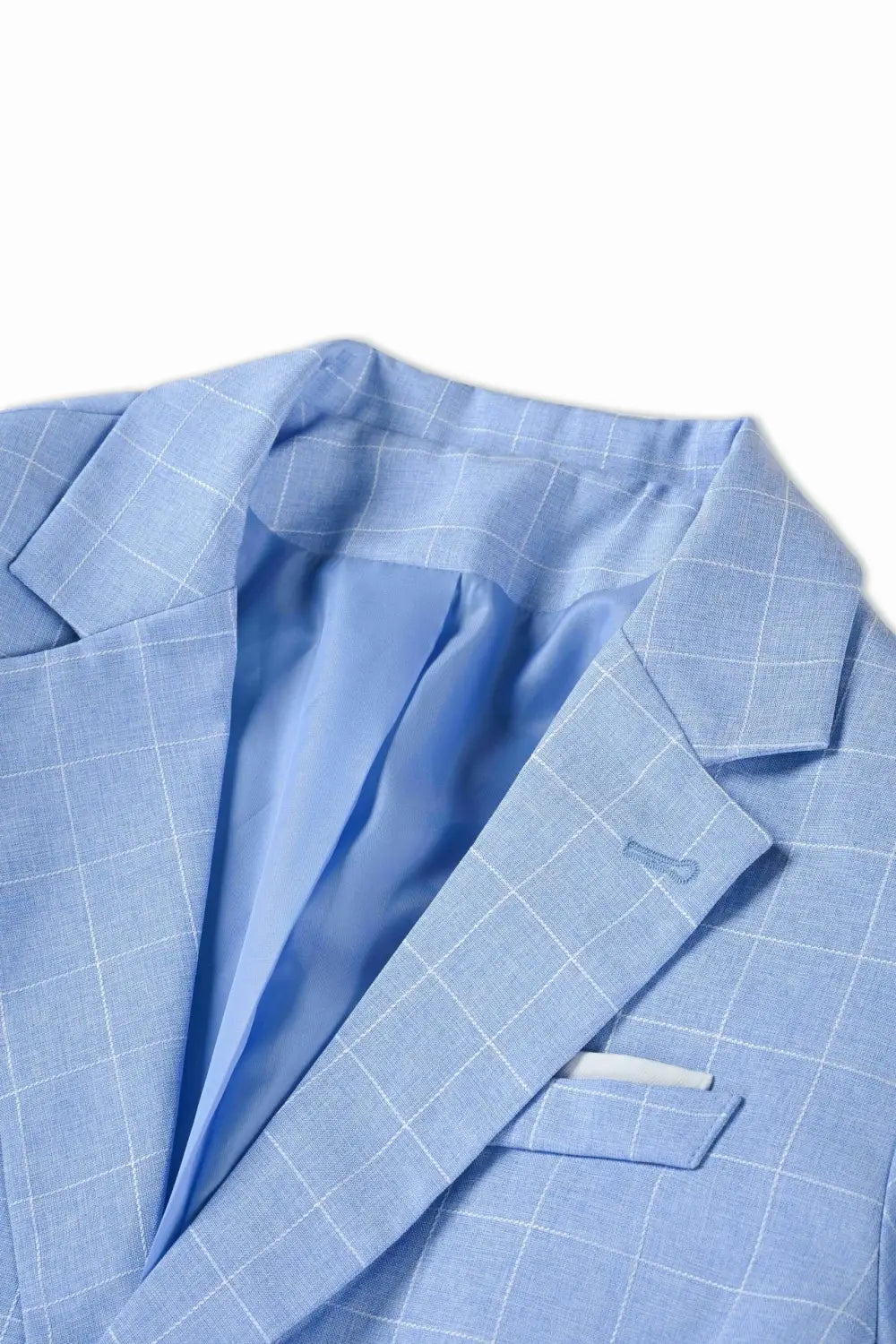 Hellblauer Karomuster-Business-Anzugjackenblazer mit dezentem weißem Karomuster und passendem Innenfutter für ein raffiniertes, professionelles Erscheinungsbild.