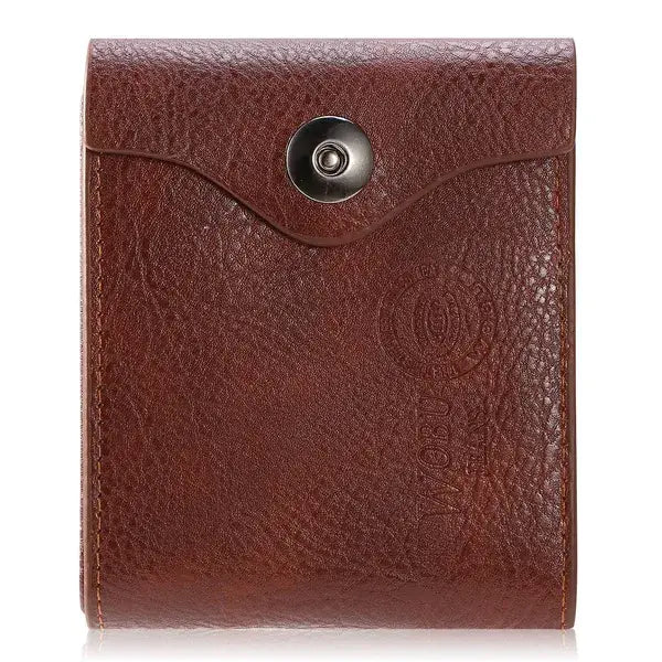 Men’s rfid blocking brown pu leather bifold wallet with a textured finish and silver-toned snap button closure.