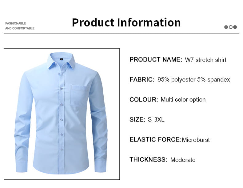 Herren-Business-Hemd mit langem Ärmel in Hellblau aus Stretch-Gewebe W7, gefertigt aus 95 Prozent Polyester und 5 Prozent Elasthan, mit klassischem Kragen und Knopfleiste-Design.