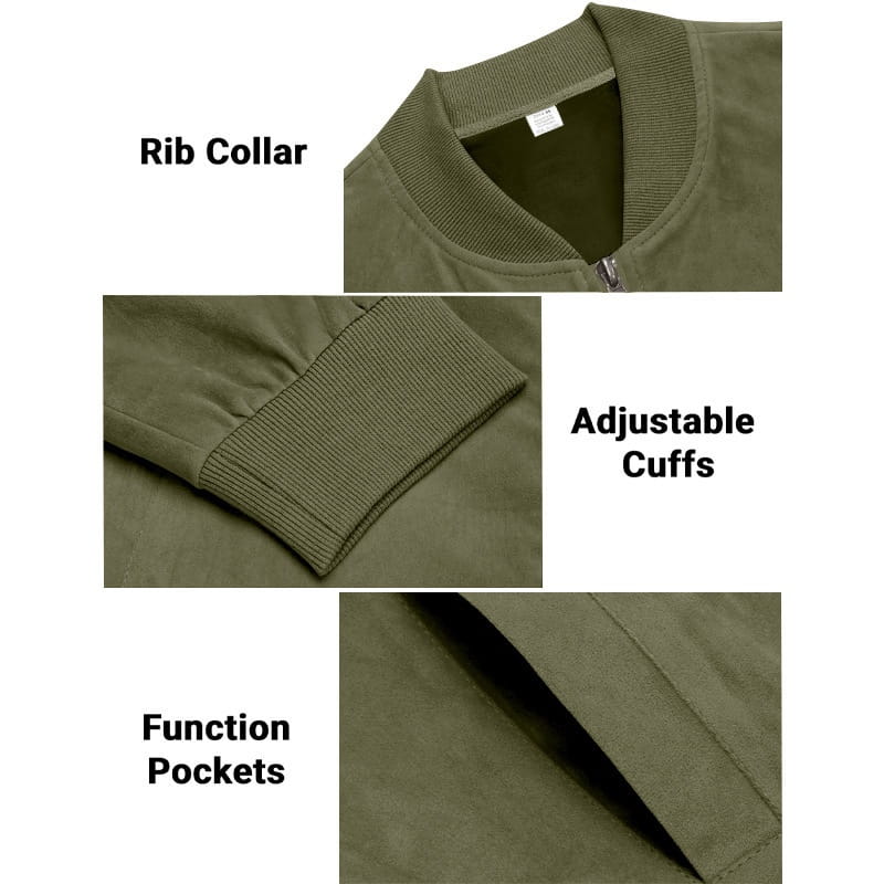 men suede casual retro jacket in olive green bomber style with ribbed collar adjustable cuffs and functional pockets