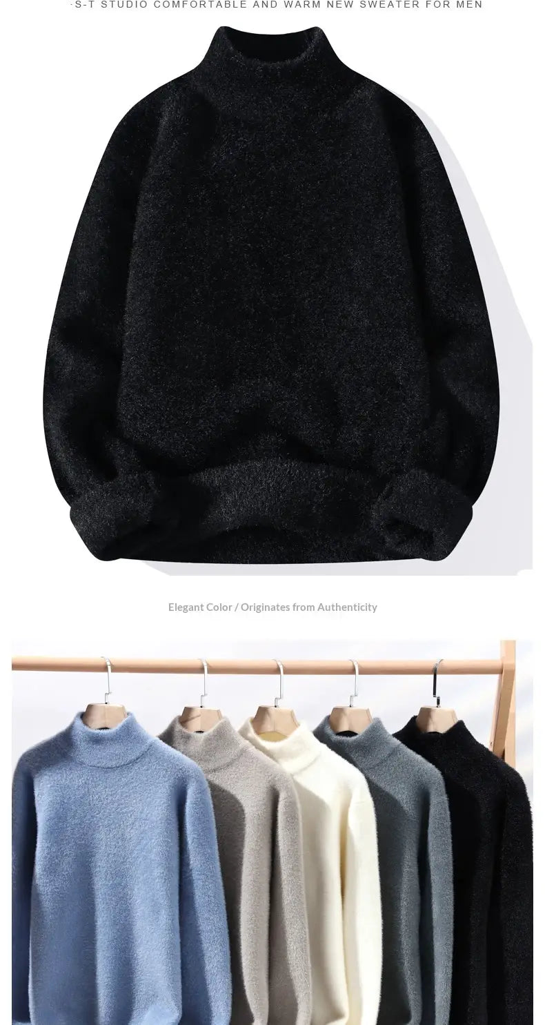 Black fluffy men half turtleneck sweater with a soft plush texture ribbed cuffs and warm knit pullover design.