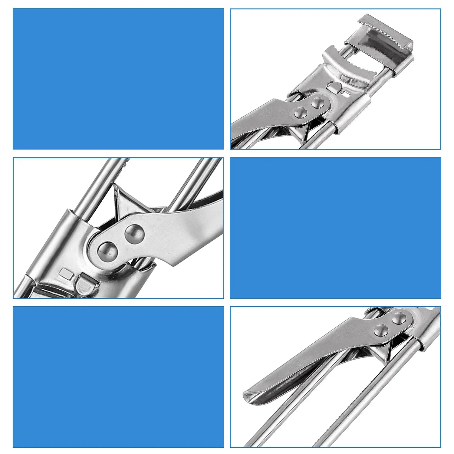 Stainless steel adjustable jar and bottle opener with a sleek polished finish and serrated jaws for precise cutting.
