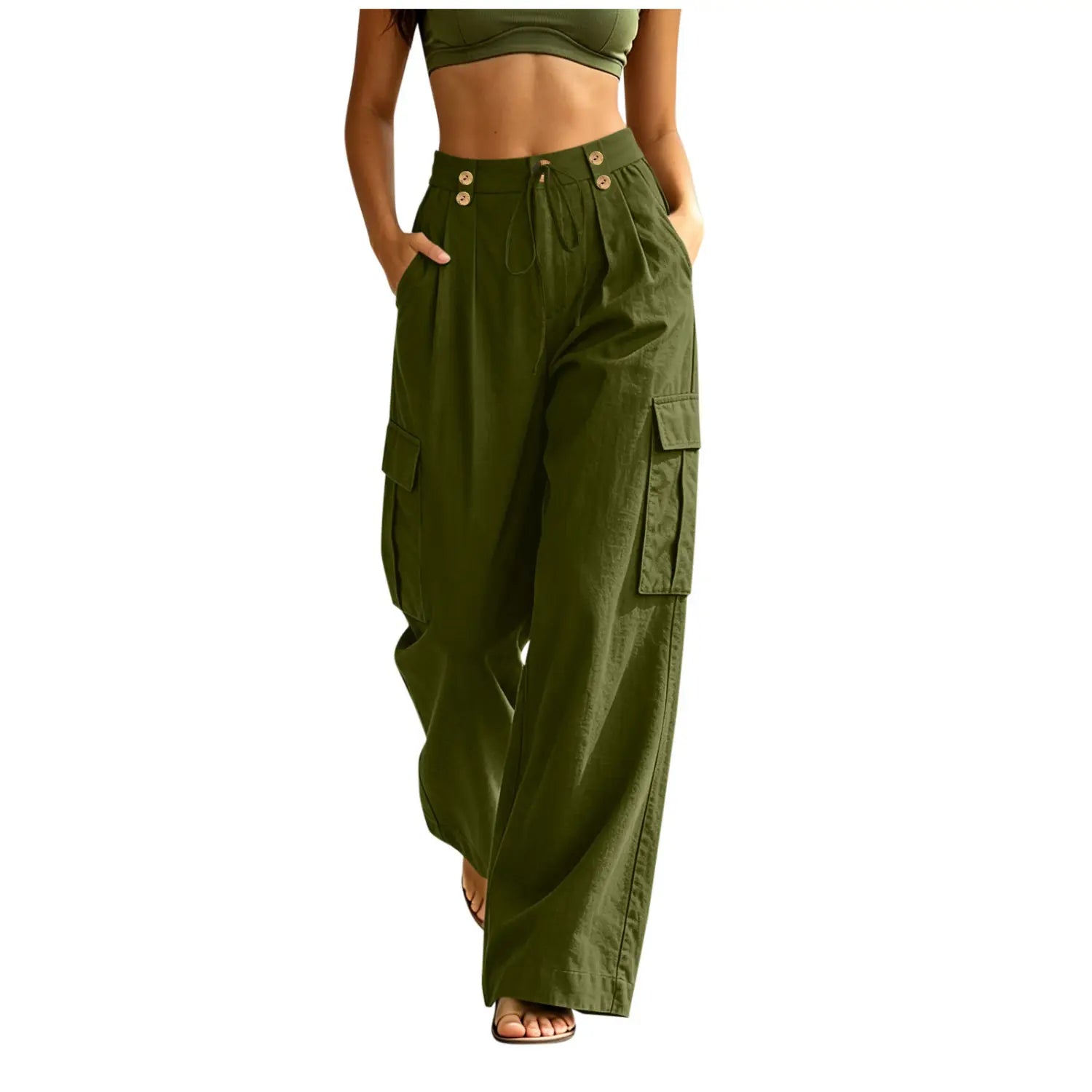Pantalons cargo en coton taille haute vert olive pour femmes, avec taille élastique, fermetures par boutons et poches latérales multiples, pour des tenues décontractées.
