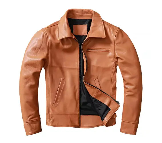 Men’s tan cowhide leather motorcycle jacket with a classic collar and front zipper.