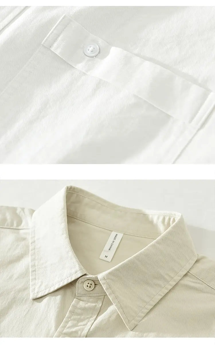 Chemise à manches longues en coton style japonais blanche, pour homme, avec un col net, une texture subtile et des boutons assortis.
