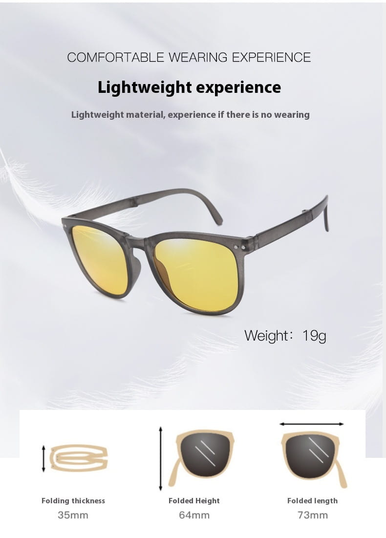Premium polarized folding sunglasses for women with gray frames yellow-tinted lenses and a lightweight foldable design.