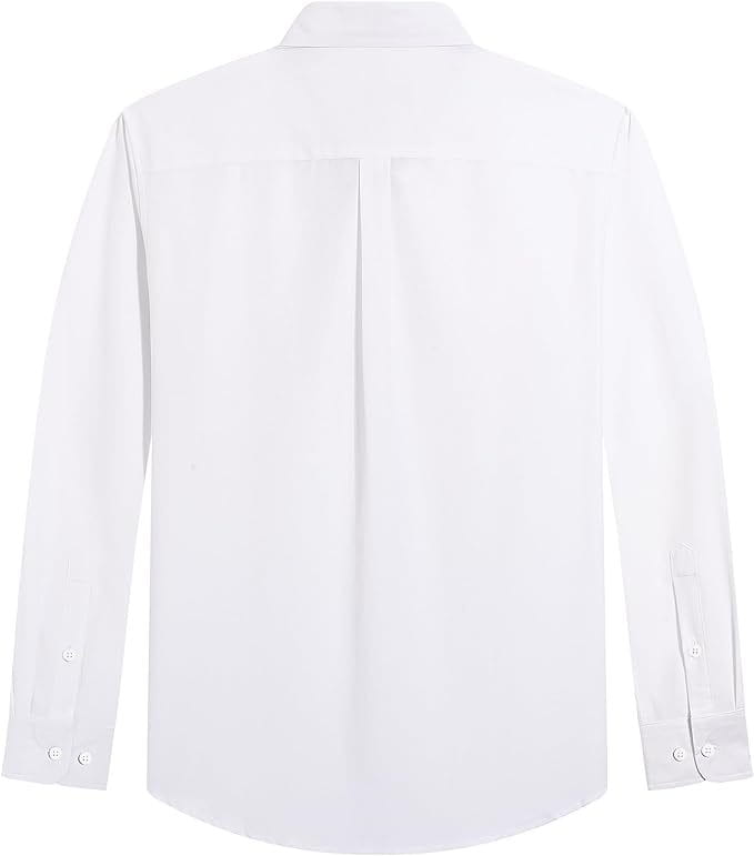 Men’s long sleeve oxford button down shirt in white with a classic collar and buttoned cuffs for formal wear.