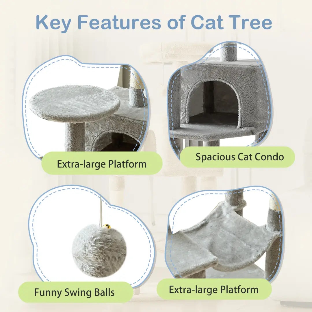 44 inch multi-level cat tree tower featuring a gray plush material with a spacious condo, extra-large platforms, hanging swing balls, and sisal posts for scratching.