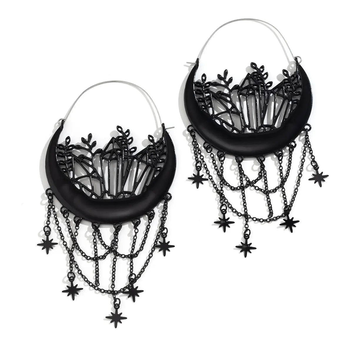 Ohrringe mit schwarzem Halbmond-Tassel-Design mit aufwendigen Kristall- und Blattmotiven; baumelnde Sternketten in schwarzem Metall.