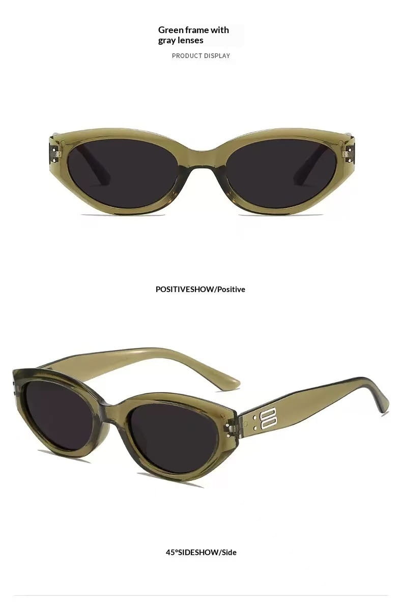 Retro cat eye UV400 sunglasses featuring oval-shaped translucent olive green frames and dark gray lenses with a glossy modern finish.