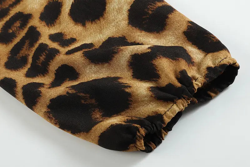 leopard print chiffon wrap dress with v neck and long sleeves paired with leopard print fabric pants featuring soft stretchy material and elastic cuffs.