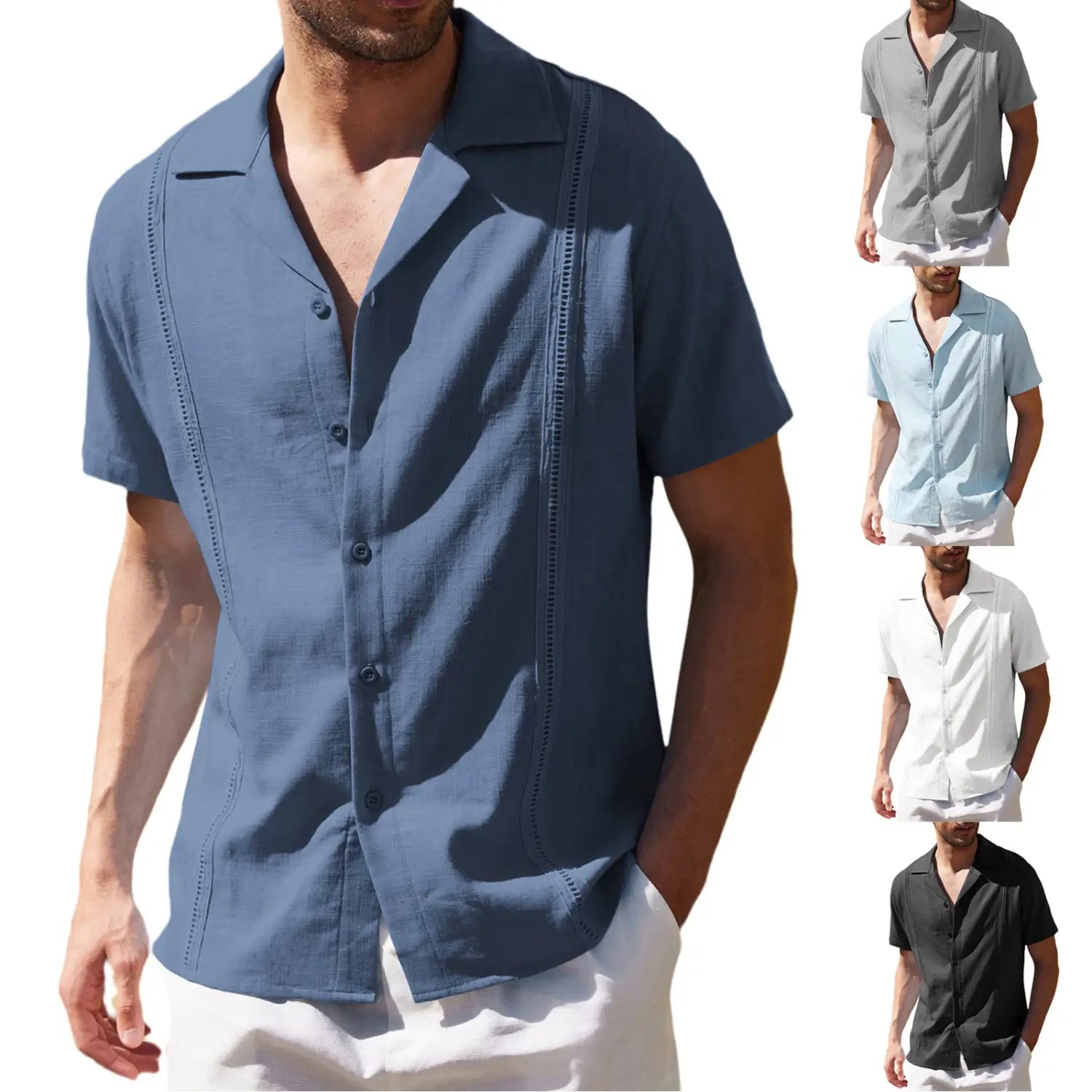 Blue men’s slim fit linen short sleeve shirt featuring embroidered detailing along the front placket.