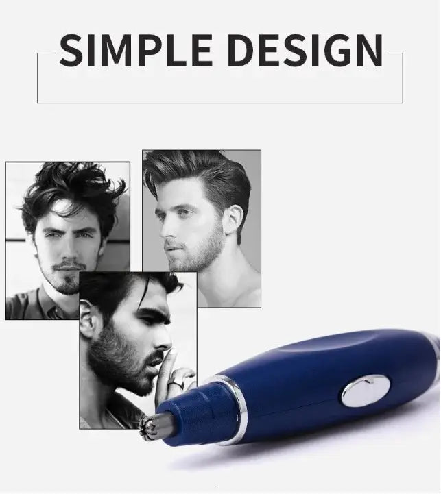 Blauer elektrischer Schnurrbart-/Nasenhaartrimmer mit silbernen Akzenten und schlichtem Design aus der Kollektion 3-in-1 für elektrischen Ohren-, Nasen- und Tiernageltrimmer.