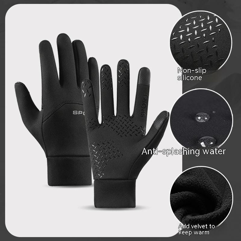Gants thermiques à écran tactile étanches noirs avec des extrémités des doigts en silicone antidérapantes et un intérieur doublé de velours pour la chaleur.