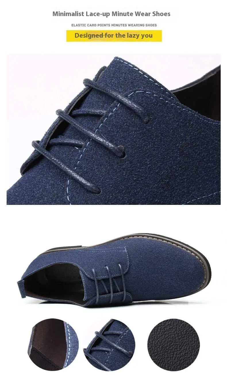Navy blue suede men’s plus size British style casual Oxford shoes with elastic lace-up closure and contrasting stitching.