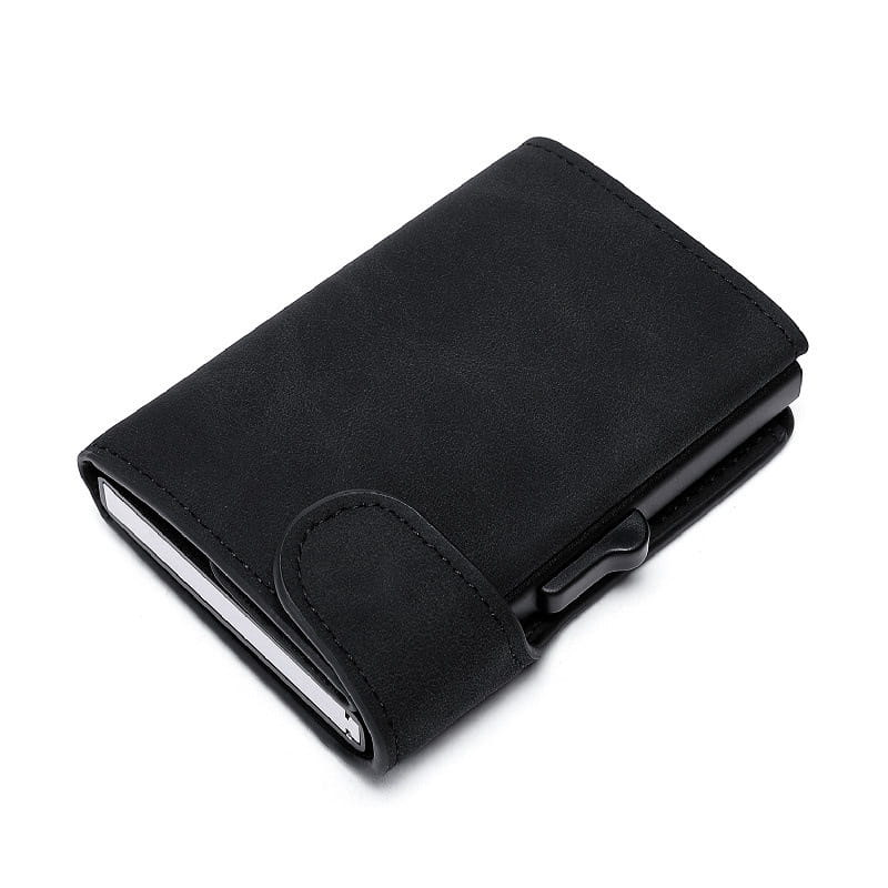 Black textured leather Crazy Horse leather metal card case wallet with sleek magnetic closure and minimalist design.