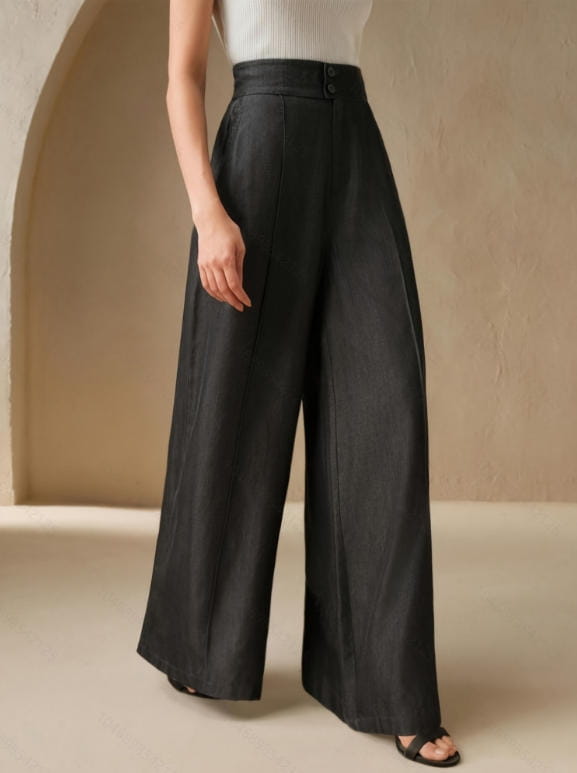 Black high waisted wide leg trousers with a sleek minimalist design and subtle front pleats for a sophisticated look.