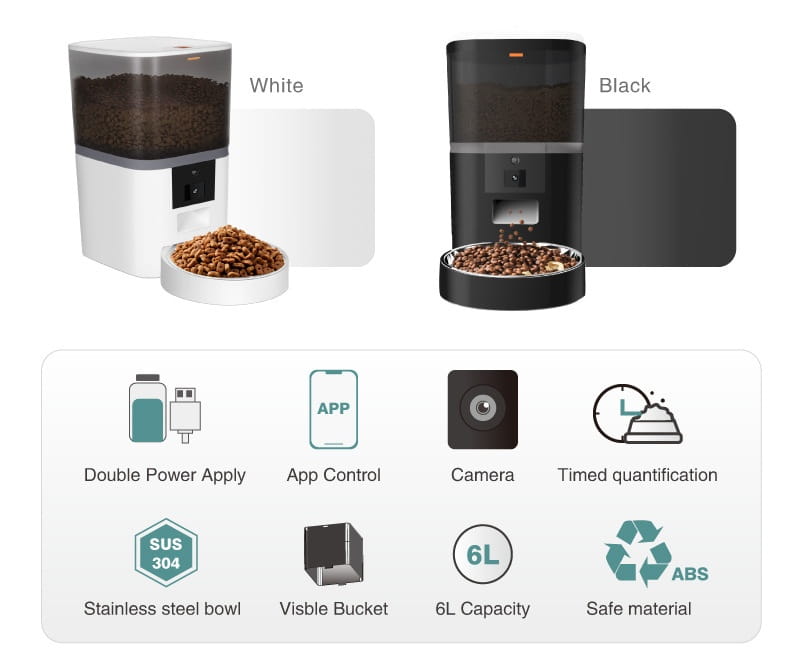 Weiße und schwarze intelligente Futterautomaten für Haustiere mit Kamera- und Videoüberwachung: Edelstahlnäpfe mit einem Fassungsvermögen von 6 Litern sowie Material aus ABS, sicher.