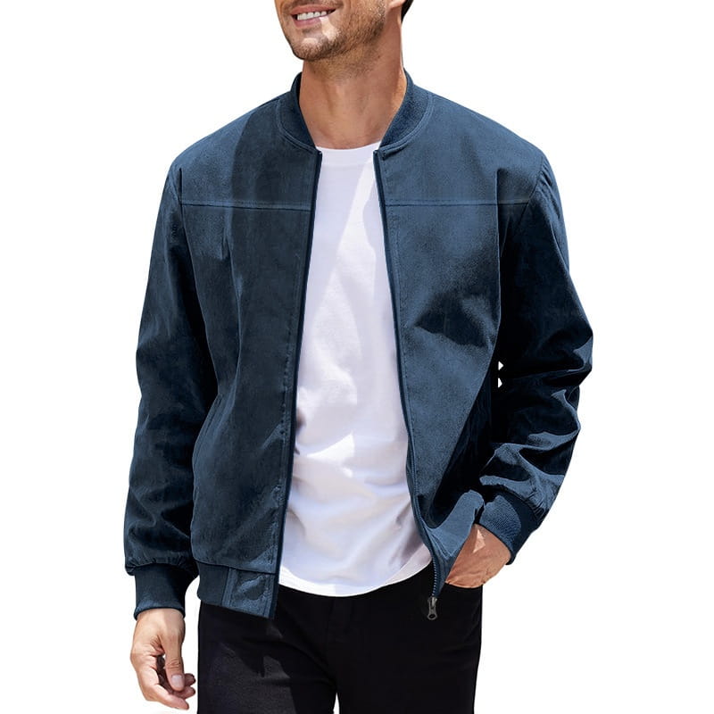 dark blue suede men’s casual retro bomber jacket featuring a classic collar and front zipper for a stylish look