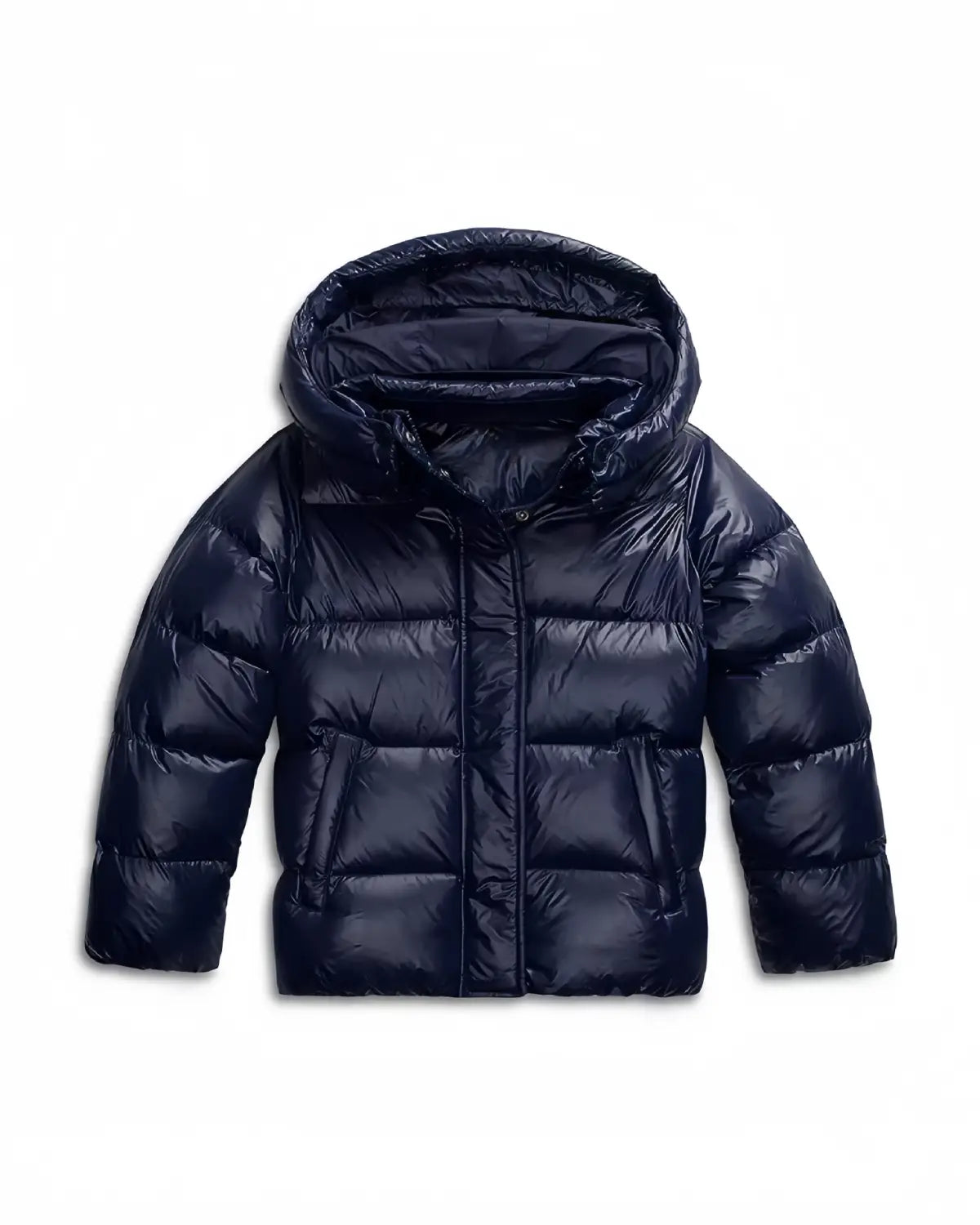 A dark navy quilted cotton puffer jacket with a hood and a quilted design.