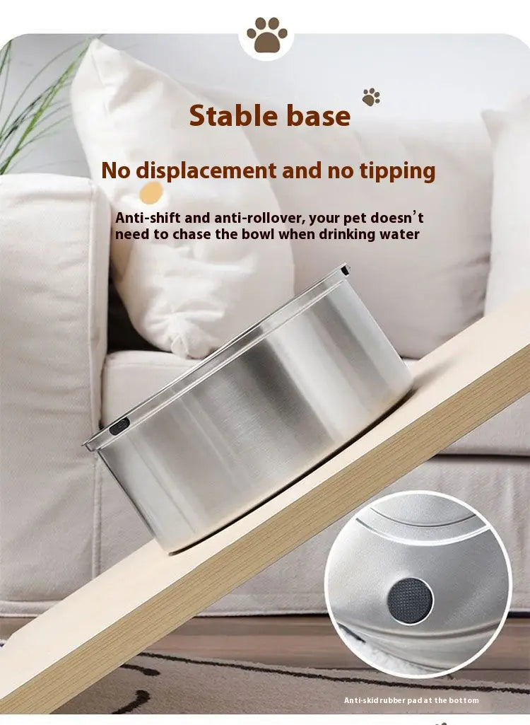 large stainless steel pet water bowl in silver metallic with a stable base and anti-slip rubber pad for enhanced stability.