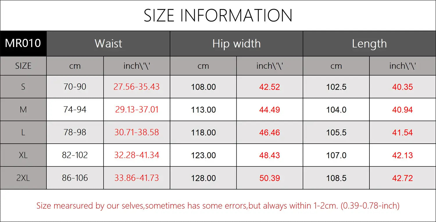 Size information chart for mr010 men’s lightweight printed pajama pants with drawstring showing measurements in centimeters and inches for sizes s through 2xl.