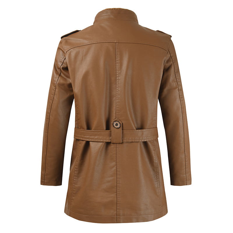 Men’s brown faux leather trench coat with belted waist and structured shoulders featuring a stand collar.