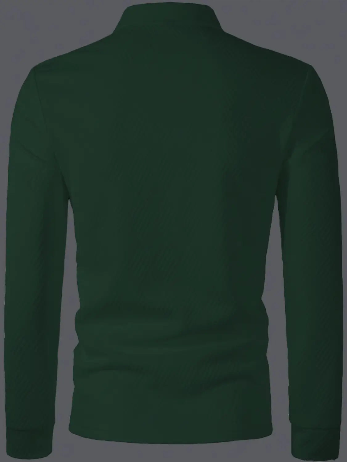 Dunkelgrünes Herren-Poloshirt mit langen Ärmeln und Fischgrätenmuster mit klassischem Kragen und gerippten Bündchen in formeller Anmutung.