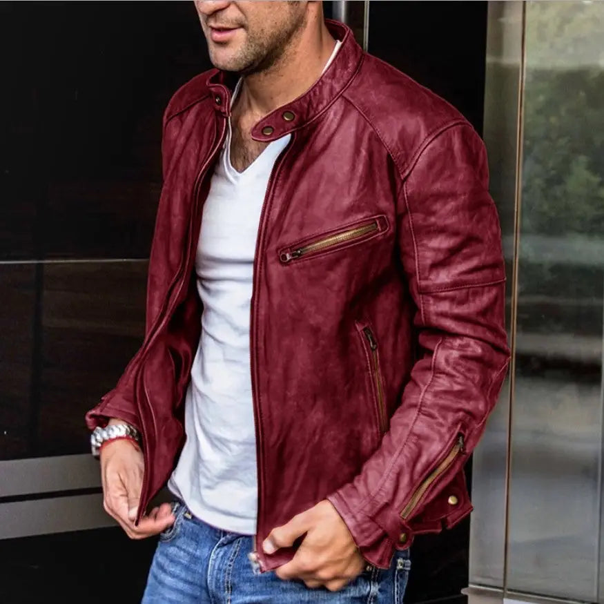 Men pu leather punk motorcycle jacket in rich burgundy with gold-toned zippers and snap buttons featuring a stand collar.