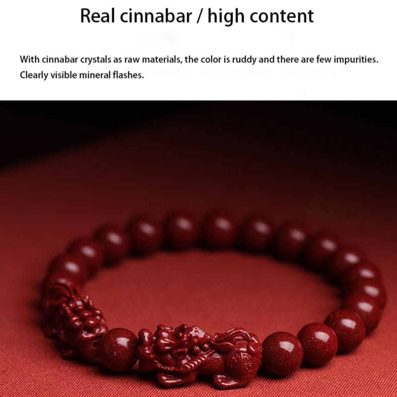 Hand carved purple gold cinnabar double pixiu bracelet featuring a rich deep red bead design with a detailed dragon charm and smooth spherical beads.