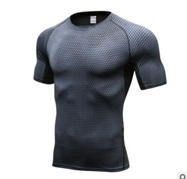 black compression gym shirt with a subtle textured pattern designed for athletic performance and muscle support